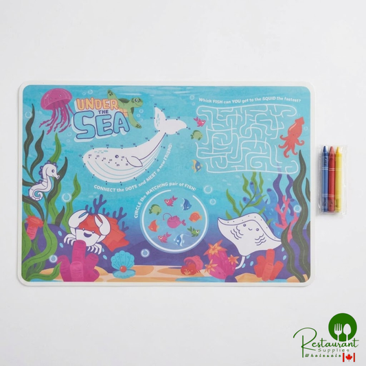 10" x 14" Kids Under the Sea Themed Interactive Placemat with 3 Pack Kids' Restaurant Crayons in Cello Wrap By Prime - 1,000/Case