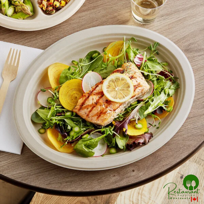 World Centric 12" No PFAS Added Oval Compostable Plant Fiber Plate with Leaf Plus - 500/Case