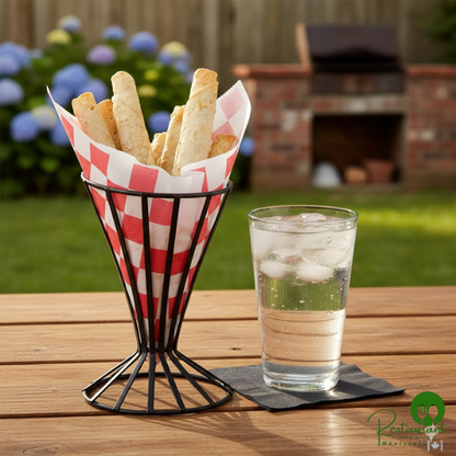 7" x 6 1/2" Red Check Wire Cone Basket Liner / Deli Wrap / Double Open Bag By Prime - 2,000/Case