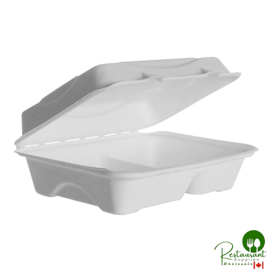 Eco-Products Vanguard 9" x 6" x 3" 2-Compartment Compostable Sugarcane Clamshell Container - 250/Case