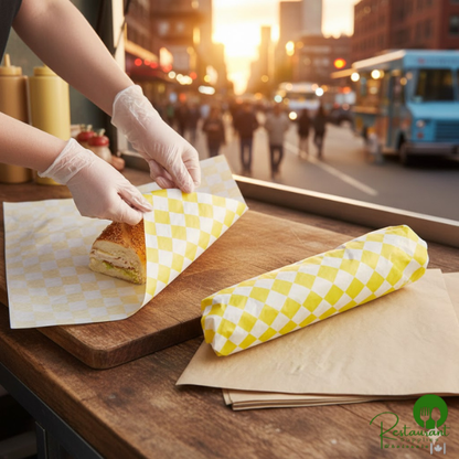 15" x 15" Yellow Check Deli Sandwich Wrap Paper By Prime - 4,000/Case