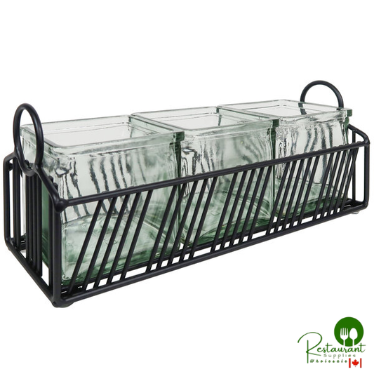 Cal-Mil 4101-3-13 Portland Black Condiment Organizer with 3 Glass Jars - 12 1/2" x 4 1/2" x 5 1/4"