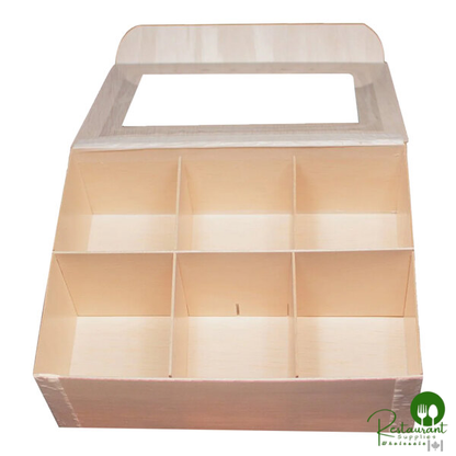 11" x 8" Large Collapsible Balsa Wood Vento Box with 6 Compartments and Attached Window Lid - 50/Case