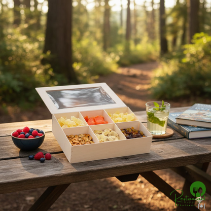 11" x 8" Large Collapsible Balsa Wood Vento Box with 6 Compartments and Attached Window Lid - 50/Case