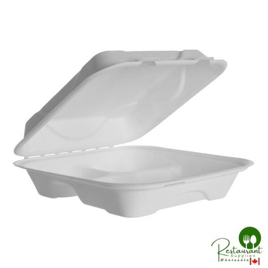 Eco-Products Vanguard 9" x 9" x 3" 3-Compartment Compostable Sugarcane Clamshell Container - 200/Case