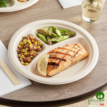 World Centric 9" 3-Compartment Round Compostable Plant Fiber Plate with Leaf Plus - 1,000/Case