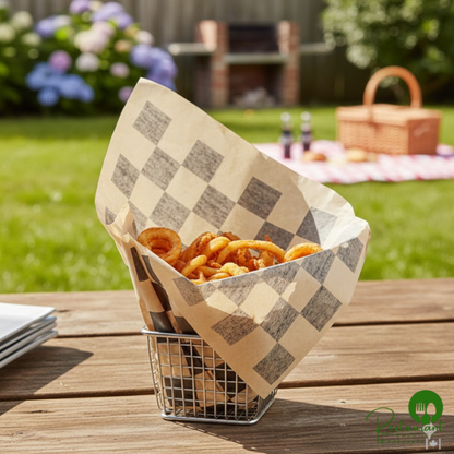 Kraft Black Check Wire Cone Basket Liner / Deli Wrap / Double Open Bag 9" x 10" By Prime - 1,000/Case