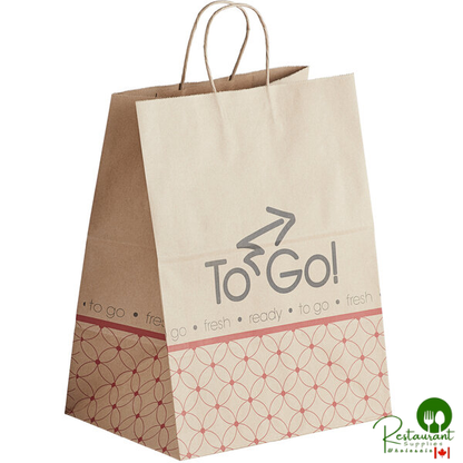 Bagcraft 12" x 9" x 16" Natural Kraft Paper Shopping Bag with Handles - "Meals to Go" Printing - 200/Bundle