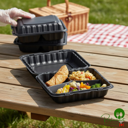 Ecopax 9" x 9" 3-Compartment Microwaveable Black Mineral-Filled Plastic Hinged Take-Out Container - 150/Case