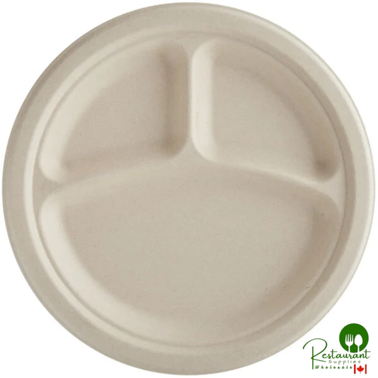 World Centric 9" 3-Compartment Round Compostable Plant Fiber Plate with Leaf Plus - 1,000/Case