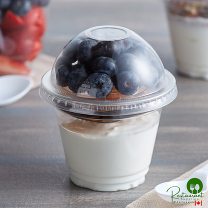 9 oz. Clear Plastic Squat Cold Cup with 2 oz. Insert and PET Dome and Flat Lids with No Hole By Prime - 100/Case
