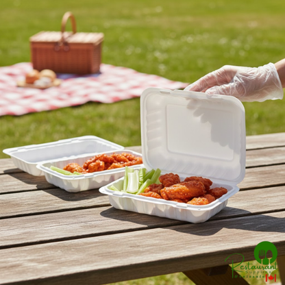 Ecopax 9" x 6" 1-Compartment Microwaveable White Mineral-Filled Plastic Hinged Take-Out Container - 150/Case