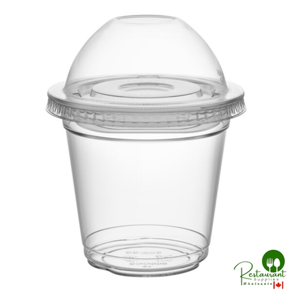 9 oz. Clear Plastic Squat Cold Cup with 2 oz. Insert and PET Dome and Flat Lids with No Hole By Prime - 100/Case