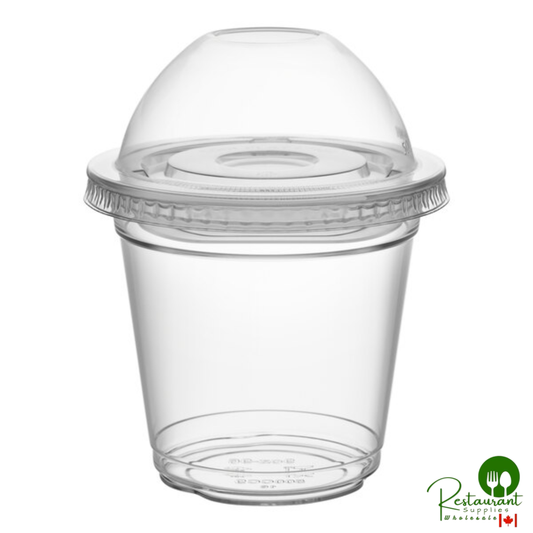 9 oz. Clear Plastic Squat Cold Cup with 2 oz. Insert and PET Dome and Flat Lids with No Hole By Prime - 100/Case