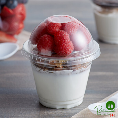 9 oz. Clear Plastic Squat Cold Cup with 4 oz. Insert and PET Dome and Flat Lids with No Hole By Prime - 100/Case