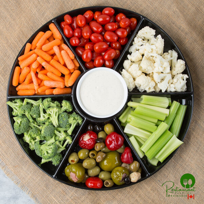 Fineline D18777.BK Platter Pleasers 18" Round Black Plastic 7-Compartment Tray - 12/Case