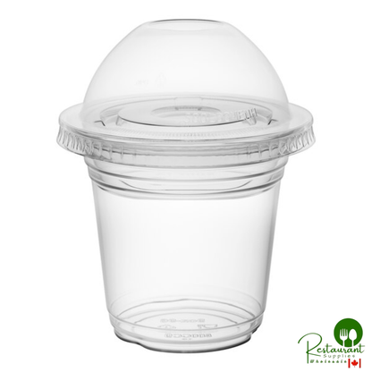 9 oz. Clear Plastic Squat Cold Cup with 4 oz. Insert and PET Dome and Flat Lids with No Hole By Prime - 100/Case