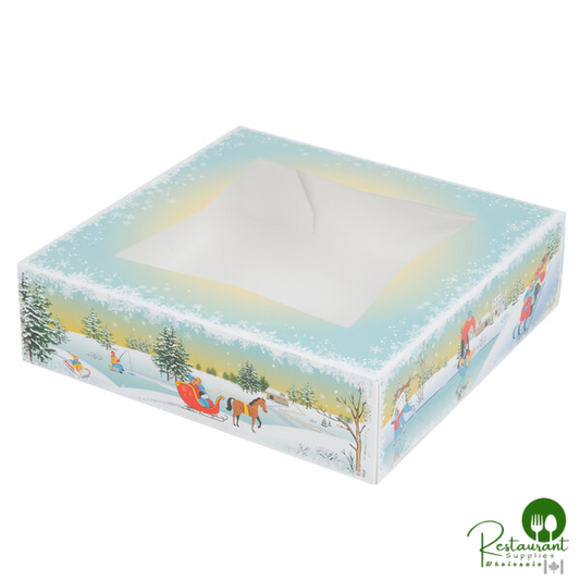 Southern Champion 9" x 9" x 2 1/2" Auto-Popup Window Pie / Bakery Box with Ice Skating / Winter Design - 150/Bundle