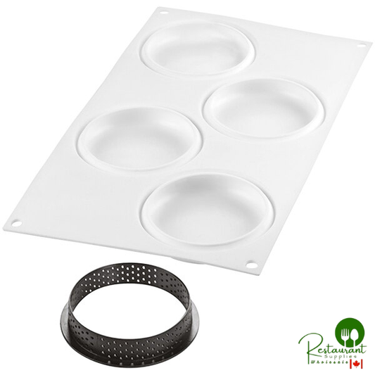 Silikomart KIT TART RING 100 4 Compartment Round Silicone Baking Mold - 3 1/4" x 1/2" Cavities with (4) 3 15/16" x 3/4" Tart Rings