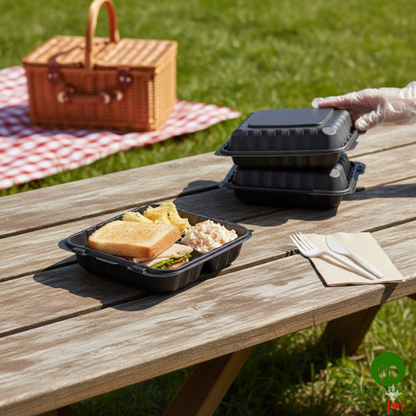 Ecopax 8" x 8" 3-Compartment Microwaveable Black Mineral-Filled Plastic Hinged Take-Out Container - 150/Case