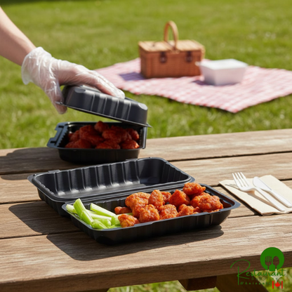 Ecopax 9" x 6" 1-Compartment Microwaveable Black Mineral-Filled Plastic Hinged Take-Out Container - 150/Case