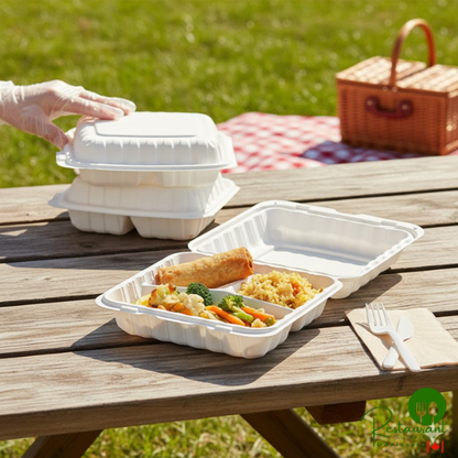 Ecopax 9" x 9" 3-Compartment Microwaveable White Mineral-Filled Plastic Hinged Take-Out Container - 150/Case