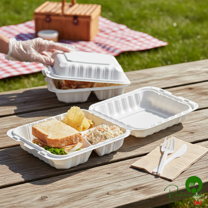 Ecopax 8" x 8" 3-Compartment Microwaveable White Mineral-Filled Plastic Hinged Take-Out Container - 150/Case