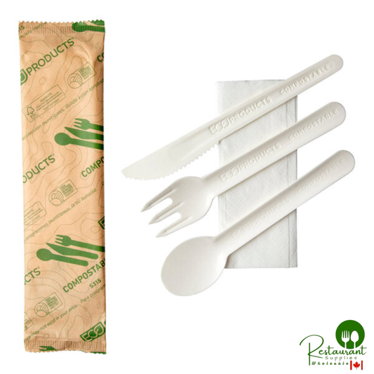 Eco-Products 6 1/2" Wrapped Compostable No PFAS Added White Molded Paper Assorted Cutlery Pack with Napkin - 250/Case