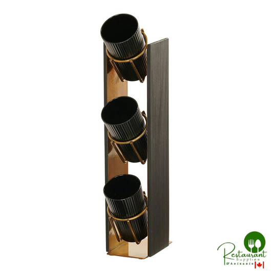 Cal-Mil Brooklyn 7 1/4" x 7 3/4" x 20 1/2" Black Wood 3-Tier Condiment / Flatware Display with Antique Brass Metal Accents