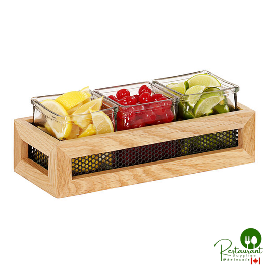 Cal-Mil Camden Natural Oak Wood / Black Metal Condiment Organizer with 3 Glass Jars - 12 3/4" x 5" x 4 1/2"