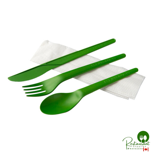 Eco-Products Veridian Plantware 6" Wrapped Compostable Green CPLA Plastic Assorted Cutlery Pack with Napkin - 250/Case