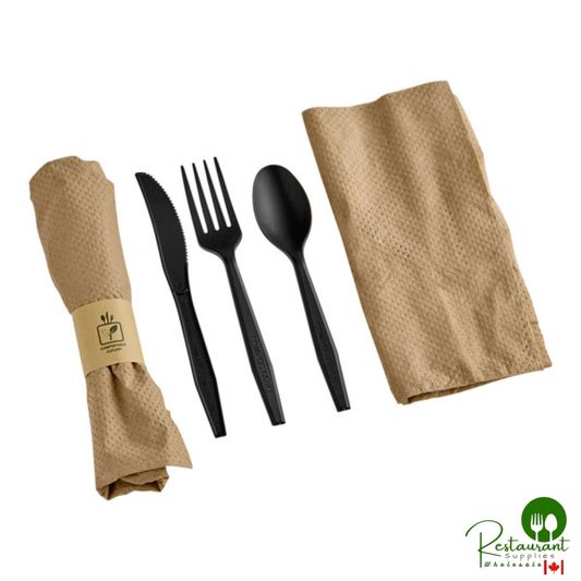 Fineline 42CRFSK.BK Conserveware Pre-Rolled Napkin and Black CPLA Flatware and Utensils Kit - 100/Case