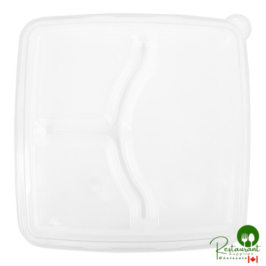 Fineline Conserveware Clear PETE 3-Section Flat Lid for 9" 3-Compartment Square Bagasse Take-Out Tray - 200/Case