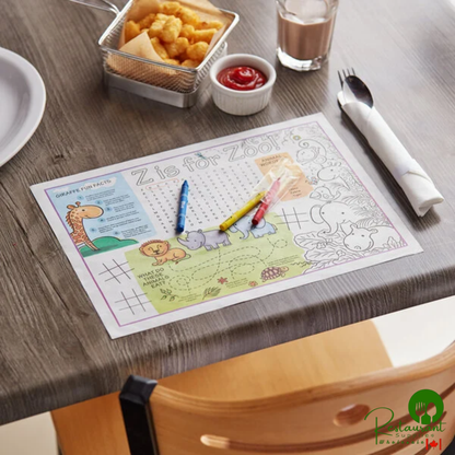 10" x 14" Kids Zoo Themed Interactive Placemat with 3 Pack Kids' Restaurant Crayons in Cello Wrap By Prime - 1,000/Case
