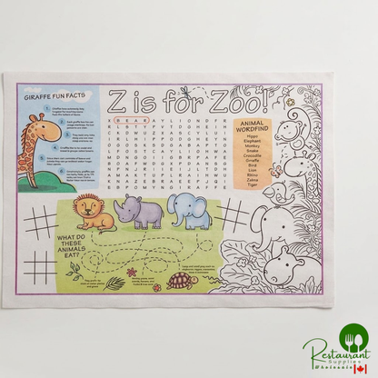 10" x 14" Kids Zoo Themed Interactive Placemat with 3 Pack Kids' Restaurant Crayons in Cello Wrap By Prime - 1,000/Case
