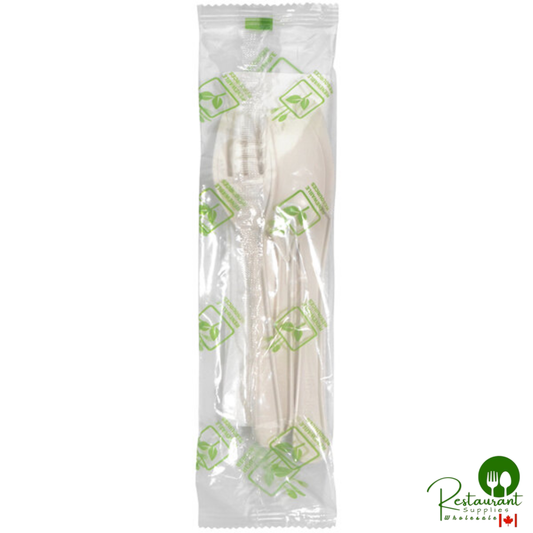 Fineline Conserveware Wrapped White PSM Flatware and Utensils Kit with Napkin - 250/Case