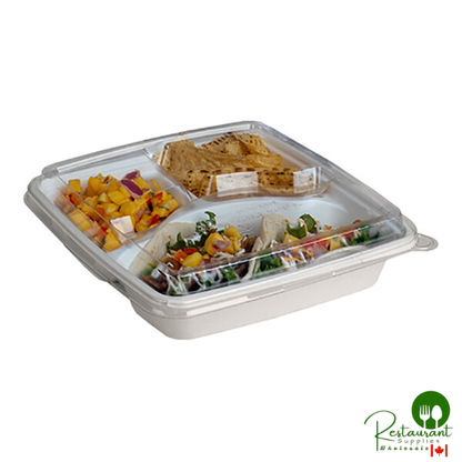 Fineline Conserveware Clear PETE 3-Section Flat Lid for 9" 3-Compartment Square Bagasse Take-Out Tray - 200/Case