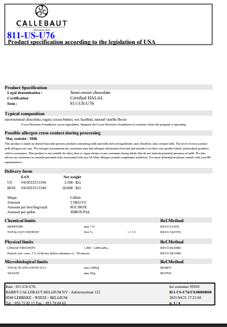 Bulk Callebaut 811 Dark Chocolate Callets – 5.5 lb Each, Case of 8