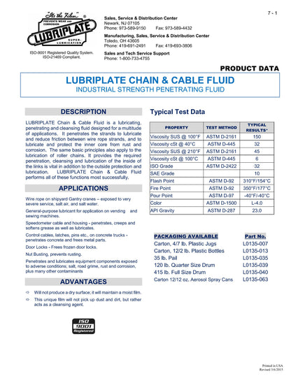 LUBRIPLATE CHAIN & CABLE, CASE OF 12, 12oz AEROSOL CANS, L0135-063
