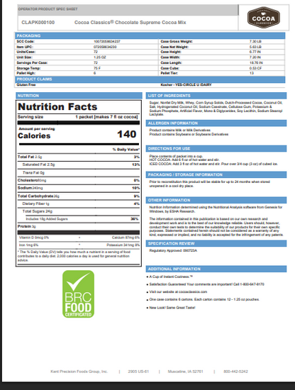 Cocoa Classics Chocolate Supreme Hot Cocoa Packets – 72/Case | Creamy Drink Mix