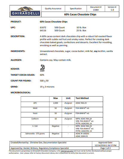 Ghirardelli .5M 60% Cacao Dark Chocolate Baking Chips 35 lb Bulk