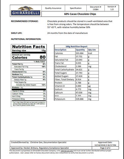 Ghirardelli .5M 60% Cacao Dark Chocolate Baking Chips 35 lb Bulk