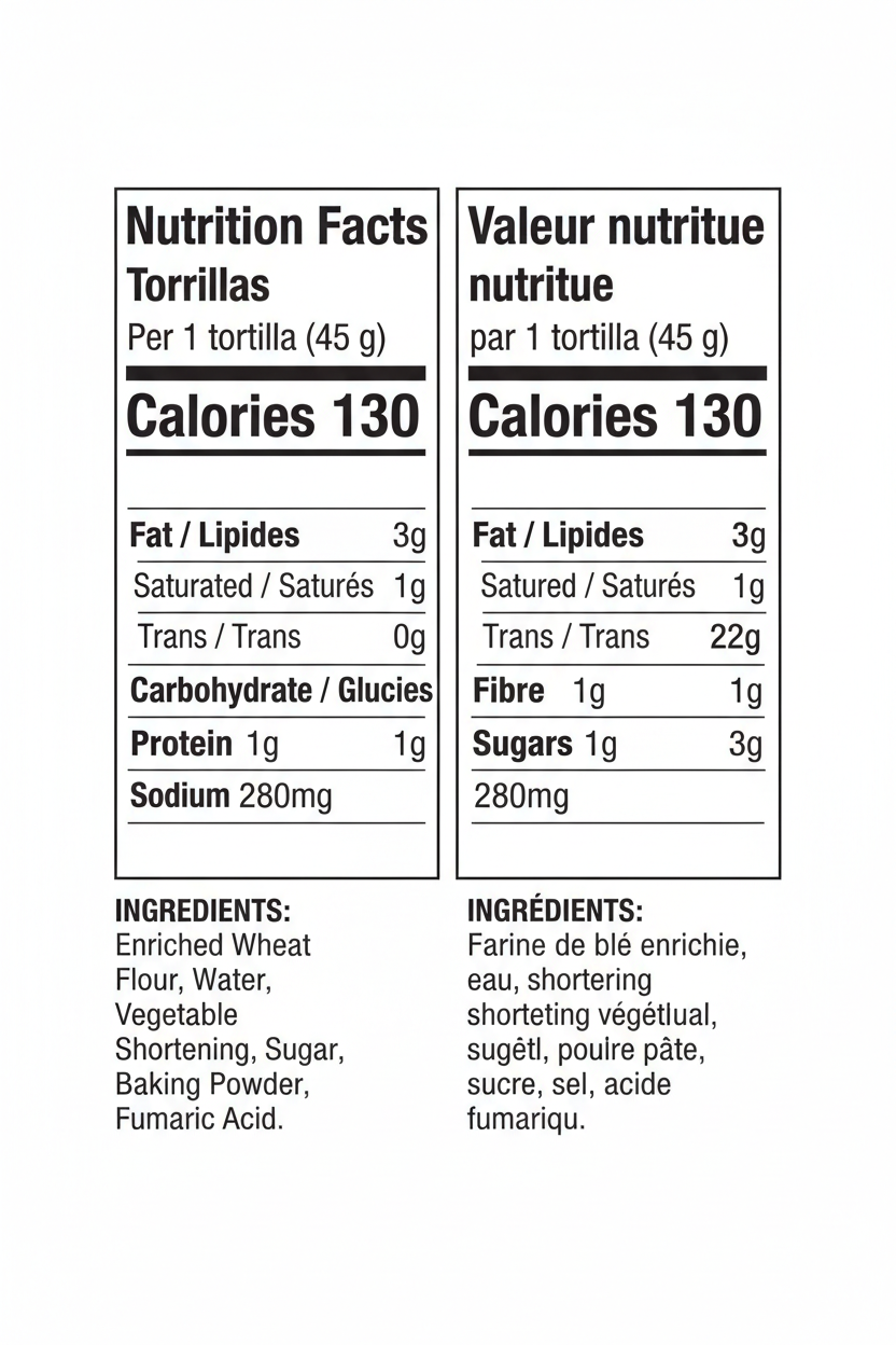Bilingual Nutrition Facts - Premium Flour Tortillas