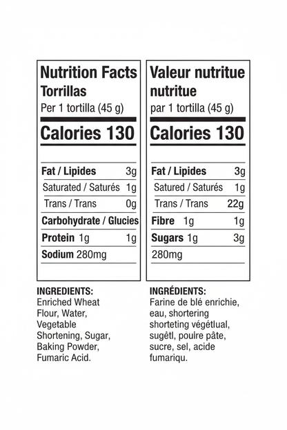 Bilingual Nutrition Facts - Premium Flour Tortillas