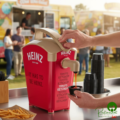Heinz Keystone 1.5 Gallon Red Plastic Countertop Heinz Ketchup Pump Dispenser with 2 Ketchup Pouches