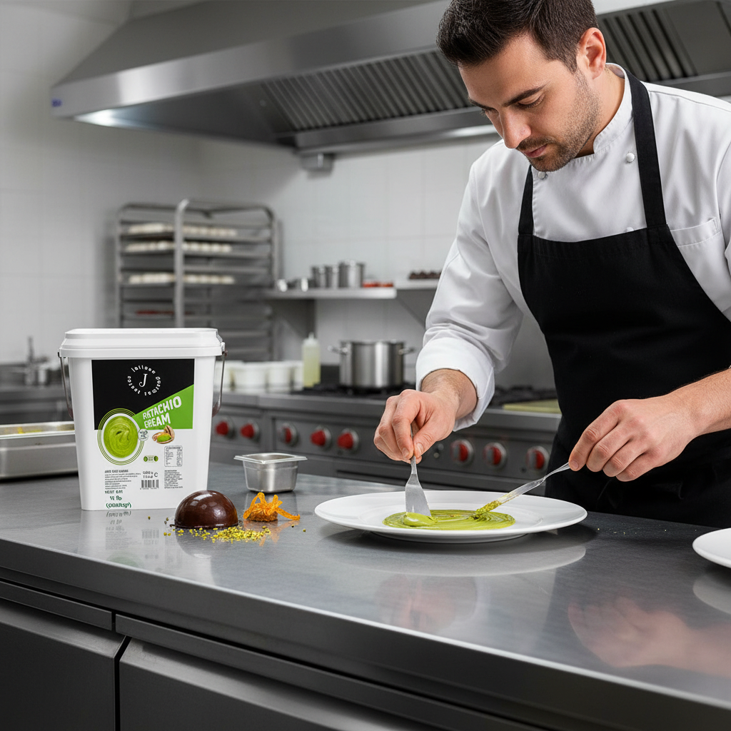 Chef preparing pistachio cream in professional kitchen