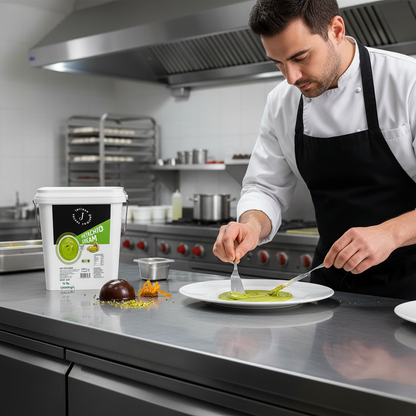 Chef preparing pistachio cream in professional kitchen
