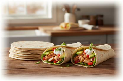 Lifestyle - Fresh flour tortilla wraps on rustic counter