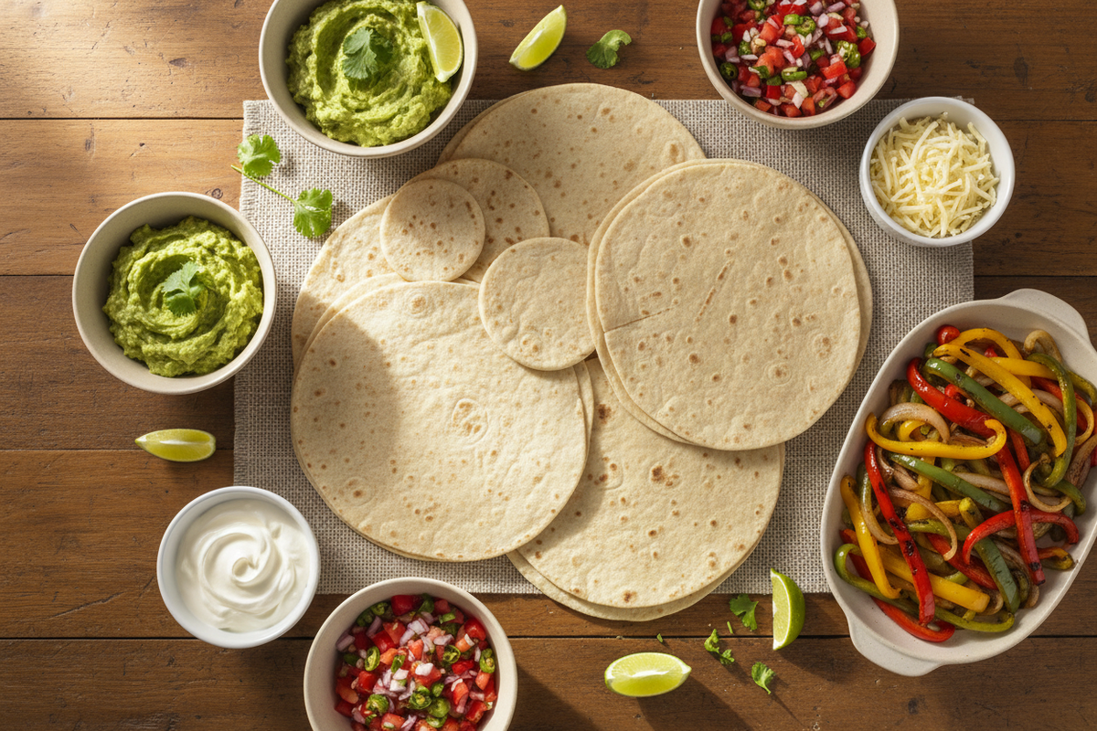 Lifestyle - Mexican food spread flat lay with flour tortillas