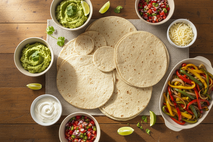 Lifestyle - Mexican food spread flat lay with flour tortillas
